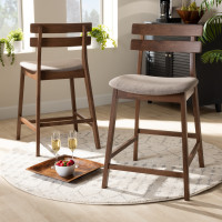 Baxton Studio Boba-Light Grey/Walnut-Counter Stool Larine Modern and Contemporary Light Grey Fabric Upholstered Walnut Finished 2-Piece Wood Counter Stool Set